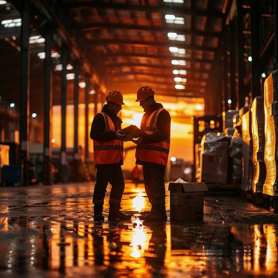 Nave industrial con trabajadores durante el mantenimiento de instalaciones